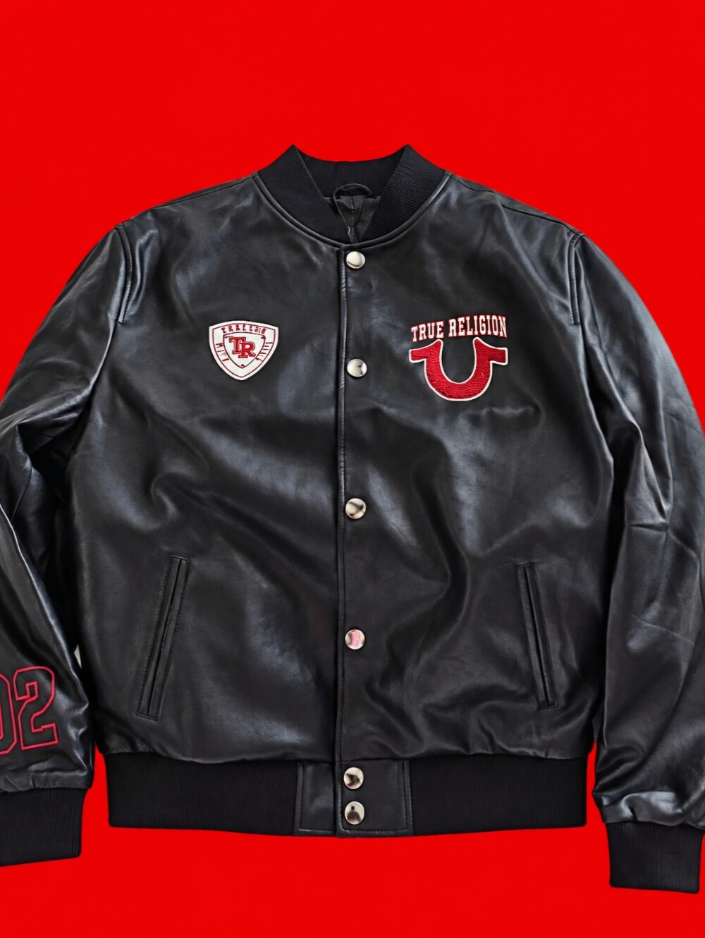 True Religion Mens True Patch Varsity Jacket Black Red Logo Patch – Size XL NWT